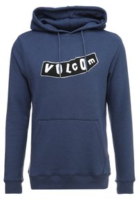 Sudadera de color azul marino hecha de mezcla de algodón, con un gran logo "VOLCOM" en blanco y negro que contrasta, bolsillo frontal y capucha con cordón.