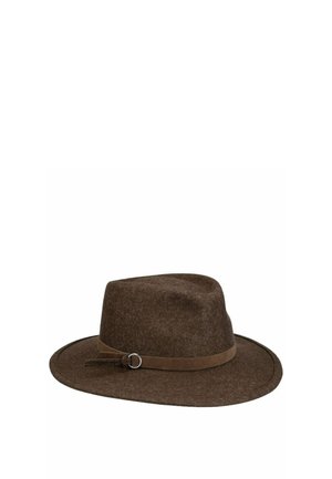 Brown felt fedora hat with a wide brim and a suede band featuring a small metal ring detail.