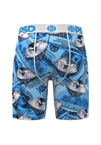 Boxer briefs featuring a blue and dollar bill pattern, accented with diamond graphics. Elastic waistband with blue and white branding.