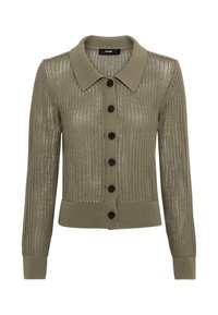 Olivgrön stickad cardigan med krage, långa ärmar och sex mörkbruna knappar framtill. Ribbad nederkant och ärmslut.