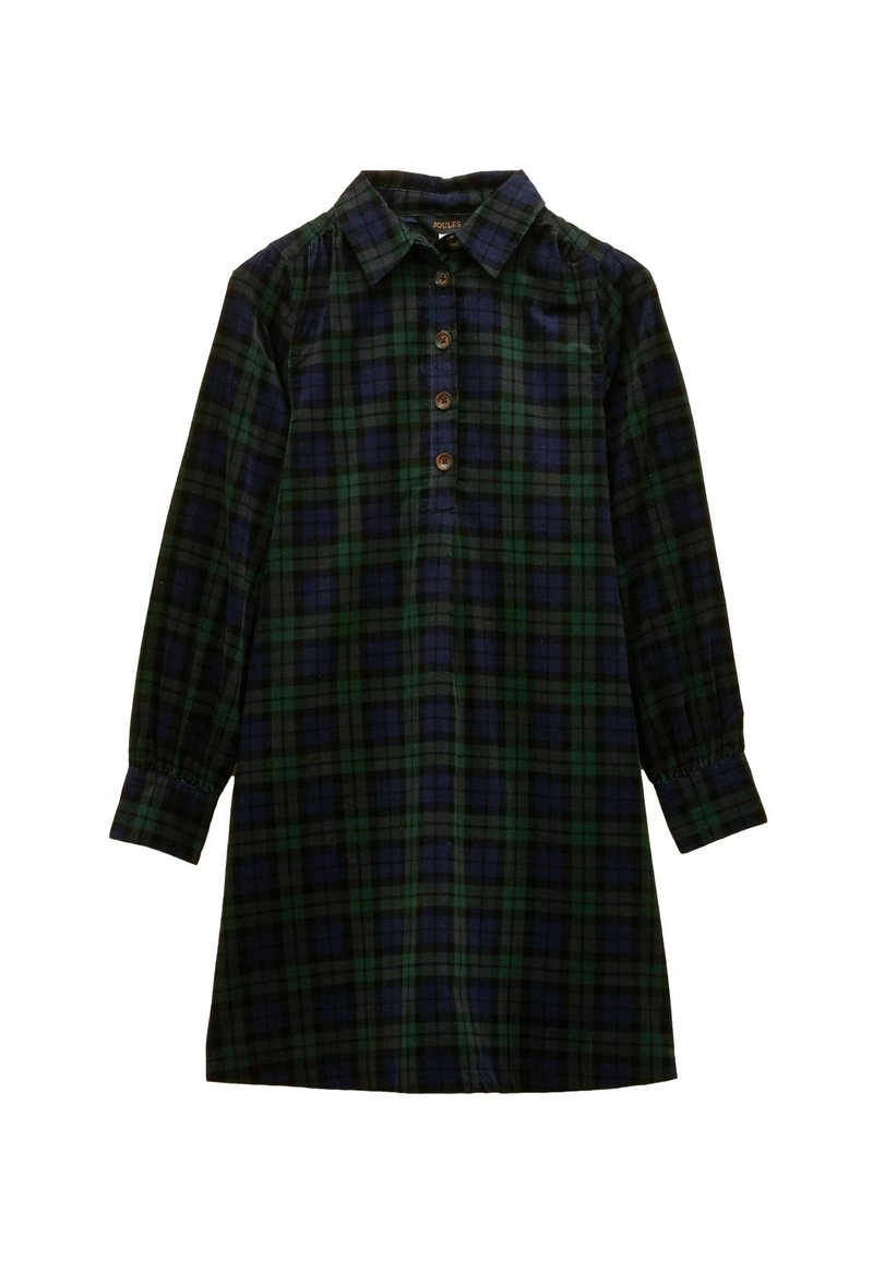Dlhý rukáv, kárované šaty v tmavozelenej a námorníckej modrej farbe, s golierovým výstrihom, predným zapínaním na gombíky a nariasenými manžetami rukávov.