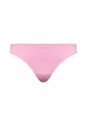 Hellrosa nahtlose Damen-Unterwäsche im Bikini-Stil mit glatter Stofftextur auf weißem Hintergrund.