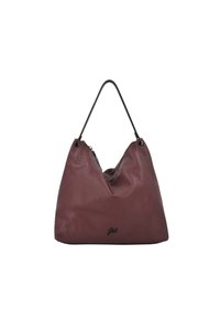 Borsa hobo in pelle marrone scuro con finitura testurizzata, dotata di un manico superiore singolo e di un logo discreto sul davanti. Forma arrotondata.