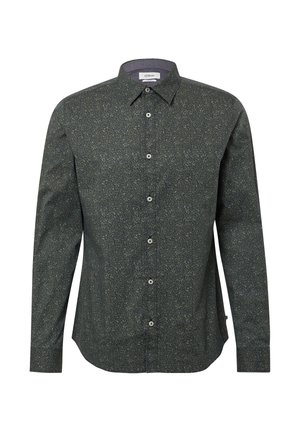 Dunkelgrünes Langarmshirt mit strukturiertem Muster, Button-Down-Kragen und Vorderpasse, versehen mit kleinen, hellen Sprenkeln.