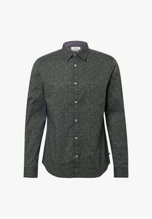 Dunkelgrünes Langarmshirt mit strukturiertem Muster, Button-Down-Kragen und Vorderpasse, versehen mit kleinen, hellen Sprenkeln.
