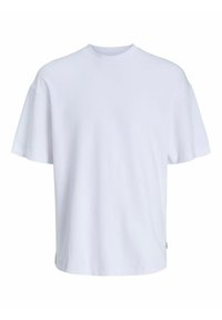 Weißes Baumwoll-T-Shirt mit kurzen Ärmeln, rundem Ausschnitt und lockerer Passform, das über minimale Nähte und ein dezentes Seitenetikett verfügt.