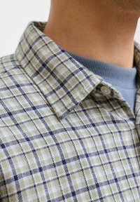 Chemise à boutons en tissu doux, avec un motif à carreaux vert et blanc agrémenté d'accents bleus. Col pointu et boutons visibles.