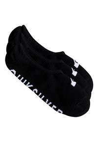 Zwarte enkel sokken van een katoenmix met een wit "Quiksilver" logo. Kenmerkt zich door een strakke pasvorm en een naadloos teenontwerp. Verpakt in een set van drie paar.