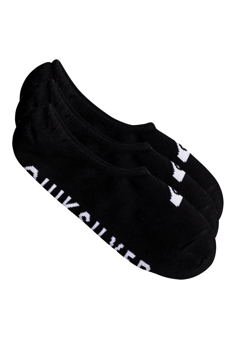 Zwarte enkel sokken van een katoenmix met een wit "Quiksilver" logo. Kenmerkt zich door een strakke pasvorm en een naadloos teenontwerp. Verpakt in een set van drie paar.