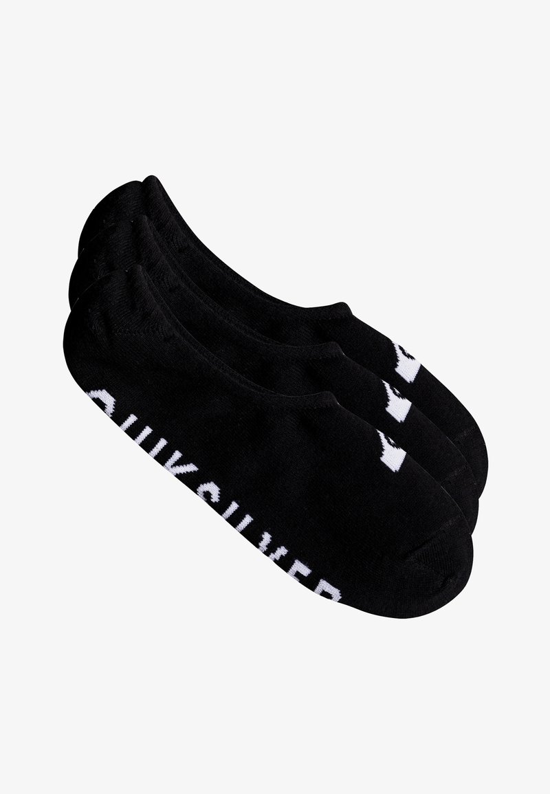 Zwarte enkel sokken van een katoenmix met een wit "Quiksilver" logo. Kenmerkt zich door een strakke pasvorm en een naadloos teenontwerp. Verpakt in een set van drie paar.