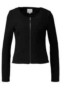 Svart zip-up jacka med ribbad textur, rund halsringning och långa ärmar. Har en central dragkedjestängning och rak fåll.