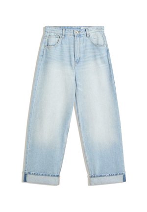 Lichtblauwe denim wijde jeans met hoge taille, met een opgerolde zoom, vijf zakken en een subtiele vervaging op de stof.
