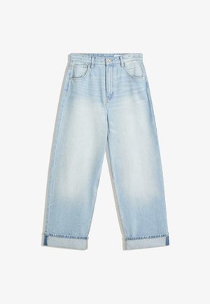 Hellblaue Denim-Weite-Hosen mit hoher Taille, mit umgeschlagenem Saum, fünf Taschen und subtilen Ausbleichungen im Stoff.