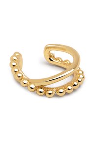 Anillo de metal en tono dorado con un diseño ondulado que presenta una fila de acentos esféricos en un lado, acabado suave con un brillo pulido.