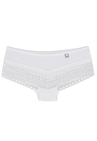 Mutande hipster bianche realizzate in materiale liscio, con finiture in pizzo e motivi circolari, e un'etichetta decorativa sul davanti.