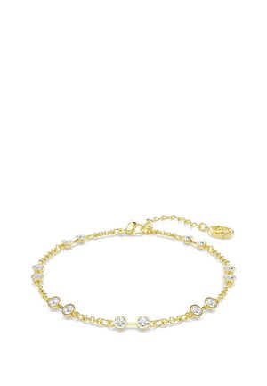Gold-tone bracelet featuring round clear crystals set in a linked chain design, with a clasp and an adjustable extension chain.