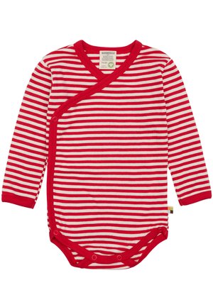 Body a maniche lunghe a righe rosse e bianche con design avvolgente, in morbido cotone, chiusura a snap sul fondo e bordi rossi a contrasto.
