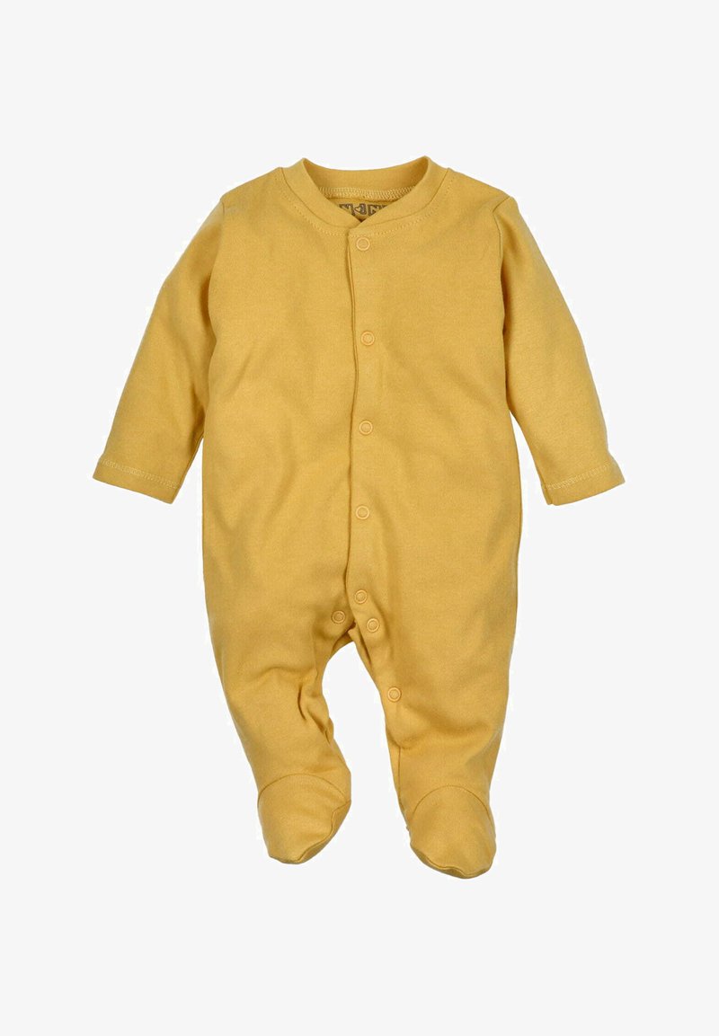 Body in cotone giallo senape a maniche lunghe, realizzato in morbido cotone. Presenta bottoni a pressione sul davanti e piedi chiusi per una maggiore calore.