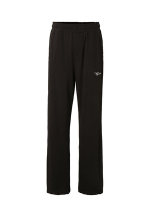 Pantalon de survêtement noir droit avec taille élastique et petit logo blanc "Regalo" sur la cuisse supérieure.