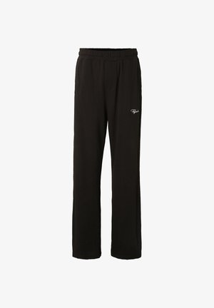 Pantalon de survêtement noir droit avec taille élastique et petit logo blanc "Regalo" sur la cuisse supérieure.