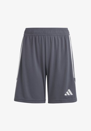 Shorts sportivi grigi con vita elasticizzata, strisce laterali e logo Adidas bianco in basso a destra. Texture liscia.