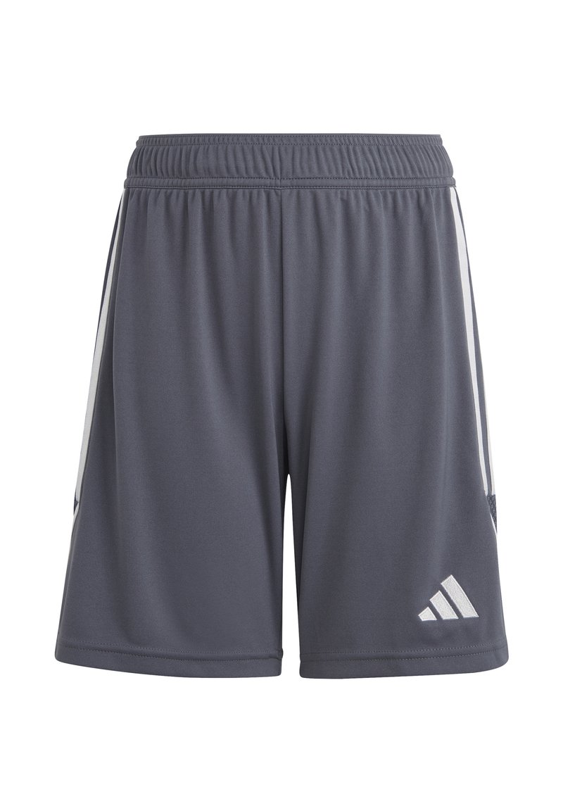 Graue Sportshorts mit einem elastischen Bund, seitlichen Streifen und dem weißen Adidas-Logo unten rechts. Glatte Textur.