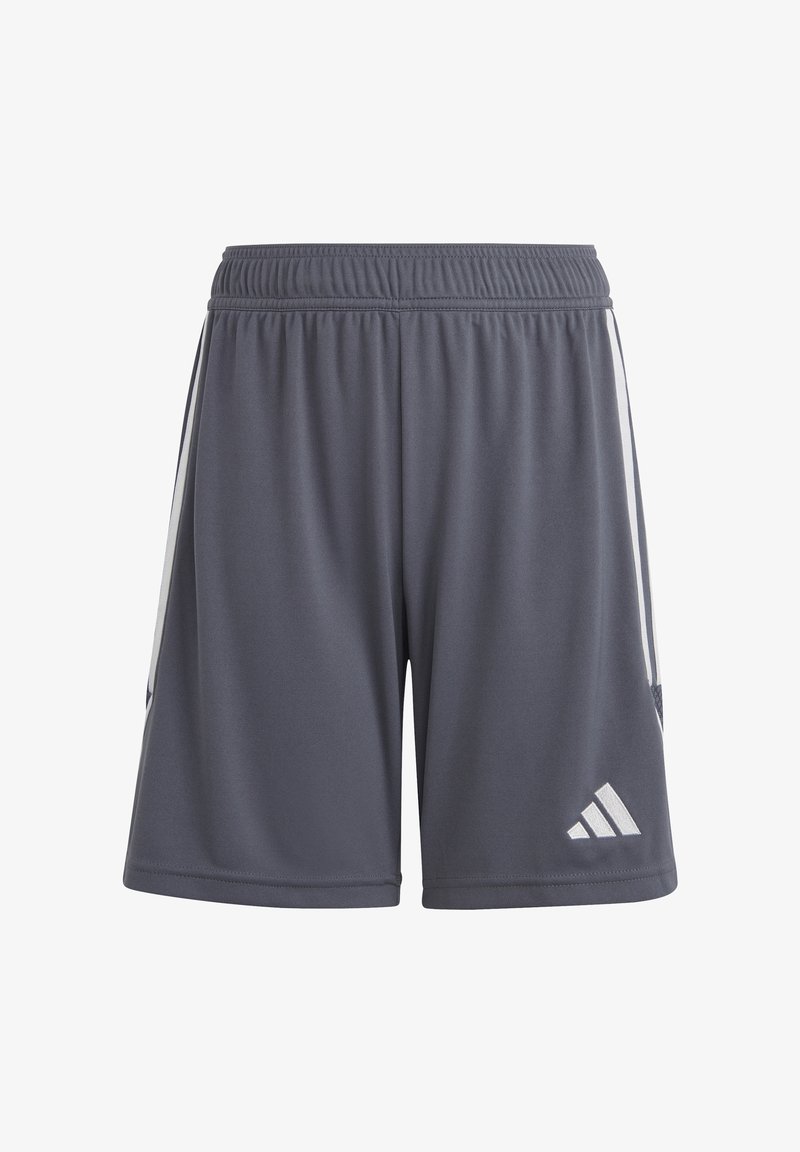 Graue Sportshorts mit einem elastischen Bund, seitlichen Streifen und dem weißen Adidas-Logo unten rechts. Glatte Textur.