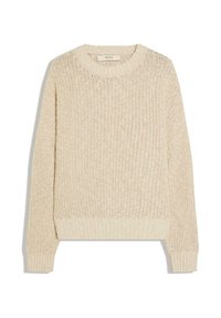 Pull beige en tricot à manches longues, col rond, avec poignets et ourlet côtelés, posé à plat sur un fond blanc.