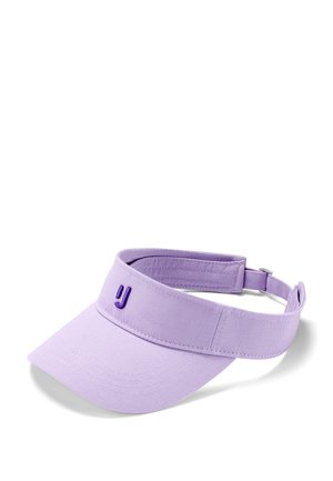 Purple cotton visored cap with adjustable strap, featuring a small embroidered logo on the front and a wide, flat brim.