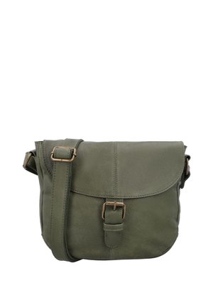 Olivgrüne Leder-Umhängetasche mit Klappenverschluss, verstellbarem Riemen und antik messingfarbener Schnalle auf der Vorderseite.
