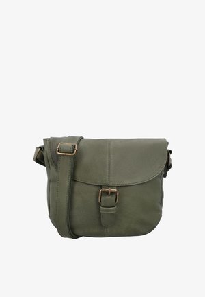 Olive green leather crossbody bag with flap closure, adjustable strap, and antique brass buckle detail on front.