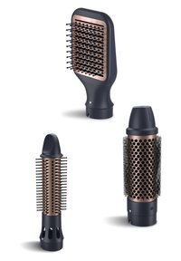 Trois brosses à cheveux : une rectangulaire avec un manche noir et des accents cuivrés, une ronde avec un barillet ouvert, et une ovale avec une extrémité effilée.