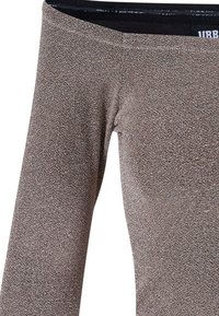 Brązowe legginsy o fakturze z metalicznym połyskiem, z wysokim stanem i dopasowanym krojem, odpowiednie do aktywnego noszenia.