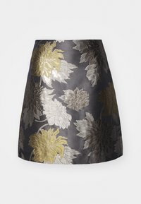 Blomsterbrodert skjørt i mørkegrå, med sølv- og gullblomsterdesign, glatt tekstur og en tettsittende kroppsfasong med en slitt kant.