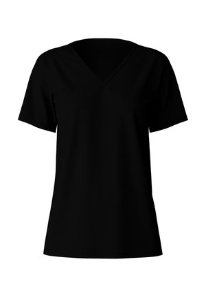 Black short-sleeve V-neck t-shirt made of smooth fabric; features a classic cut and minimal detailing, suitable for casual wear.