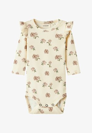 Geltoni vaikiški bodži su raukšlėmis ir ilgomis rankovėmis, dekoruoti rožine ir žalia gėlių raštu, su pufinėmis detalėmis ir spaudėmis apačioje.