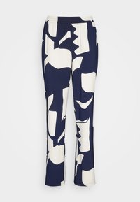 Navy and white patterned pants with an elastic waistband. Features abstract shapes and a relaxed fit. Material appears soft and lightweight.