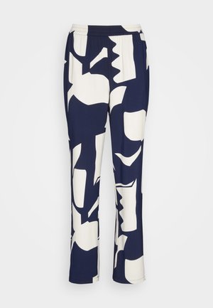 Navy and white patterned pants with an elastic waistband. Features abstract shapes and a relaxed fit. Material appears soft and lightweight.