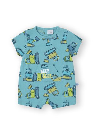Romper de algodón azul con un patrón temático de construcción, adornado con ilustraciones de maquinaria en amarillo y verde. Mangas cortas y cierre a presión.