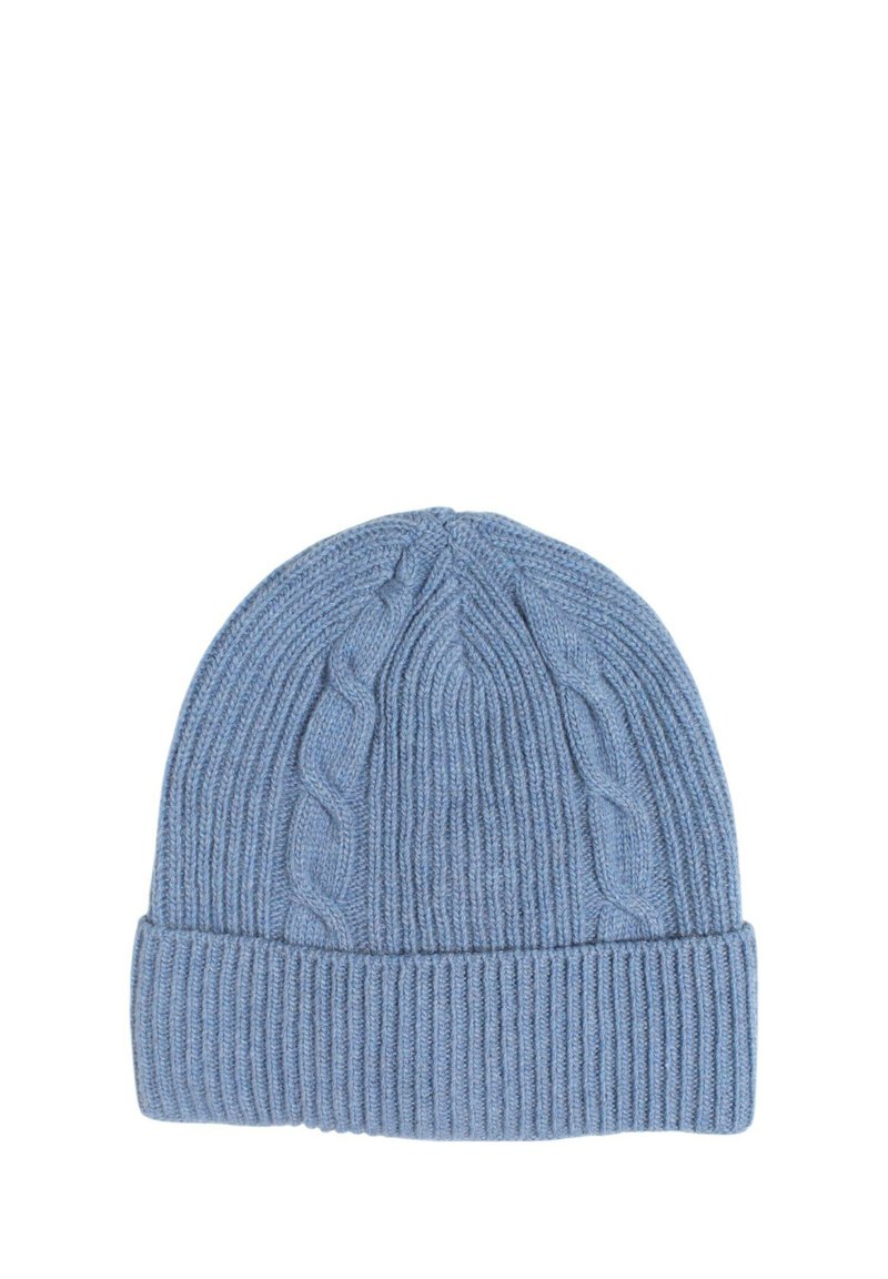 Beanie blu in maglia con motivi a trecce testurizzati e bordo a coste. Il cappello è realizzato in un materiale morbido ed elastico per comfort e calore.