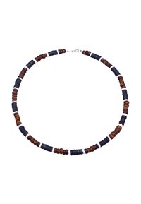 Bunte Perlenkette mit braunen, schwarzen und weißen zylindrischen Perlen, die in runder Form aufgefädelt ist, mit einem silbernen Verschluss.