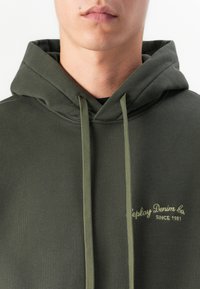 Close-up of a person wearing an olive green hoodie with drawstrings and embroidered text "Replay Denim Co. Since 1981" on the chest.