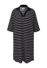 Tunika a righe blu navy e bianche, maniche corte, collo a V, tessuto morbido, spacchi laterali all'orlo, vestibilità comoda, marchio minimale all'interno.