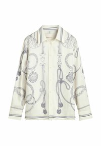 Cremesfarbene Bluse mit blauen maritimen Seil- und Motivmustern, klassischem Kragen, Knopfverschluss vorne und langen Ärmeln.