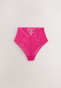 High-waisted bright pink lace lingerie bottom with floral patterns and crisscross ribbon detail at the front center.