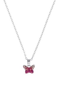 Zilveren halsketting met een vlinderhanger versierd met roze en heldere kristallen, met een fijne ketting en een gepolijste metalen afwerking.