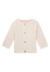 Weißes gestricktes Cardigan mit wellenförmiger Textur, gewelltem Saum und Knopfleiste. Mit Dreiviertelärmeln und einem rosa Innenfutter.