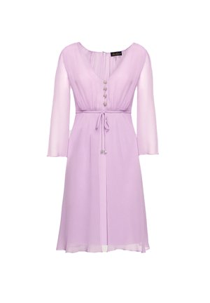 Light lavender dress with long sheer sleeves, v-neckline, and button front. Features a drawstring waist and a flowing skirt.