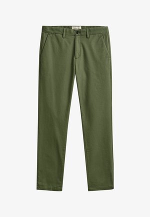 Olivgrüne, gerade geschnittene Hose mit Gürtelschlaufen, Seitentaschen, vorderem Knopf, Reißverschluss und Taillenetikett.