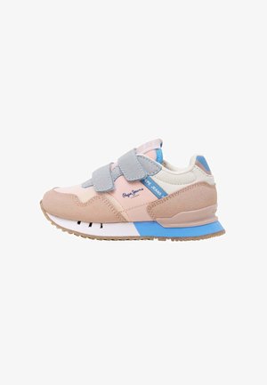 Lichte sneakers met een mix van roze, beige, grijs en blauwe materialen. Voorzien van klittenbandsluitingen, gestructureerd suède en een rubberen zool.
